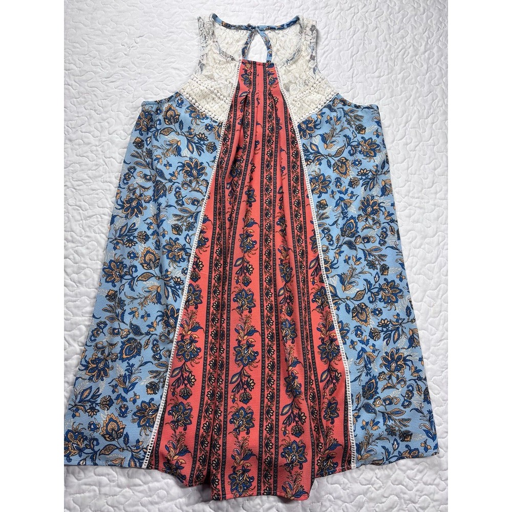 Xhilaration Blue Orange Lace Embroidered Floral Print Flowy Dress size large
